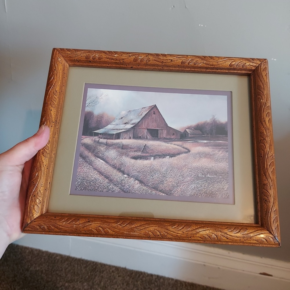Ruane Manning Rustic Barn Landscape Framed Print Gold Carved Wood Frame 11.5x9.5
